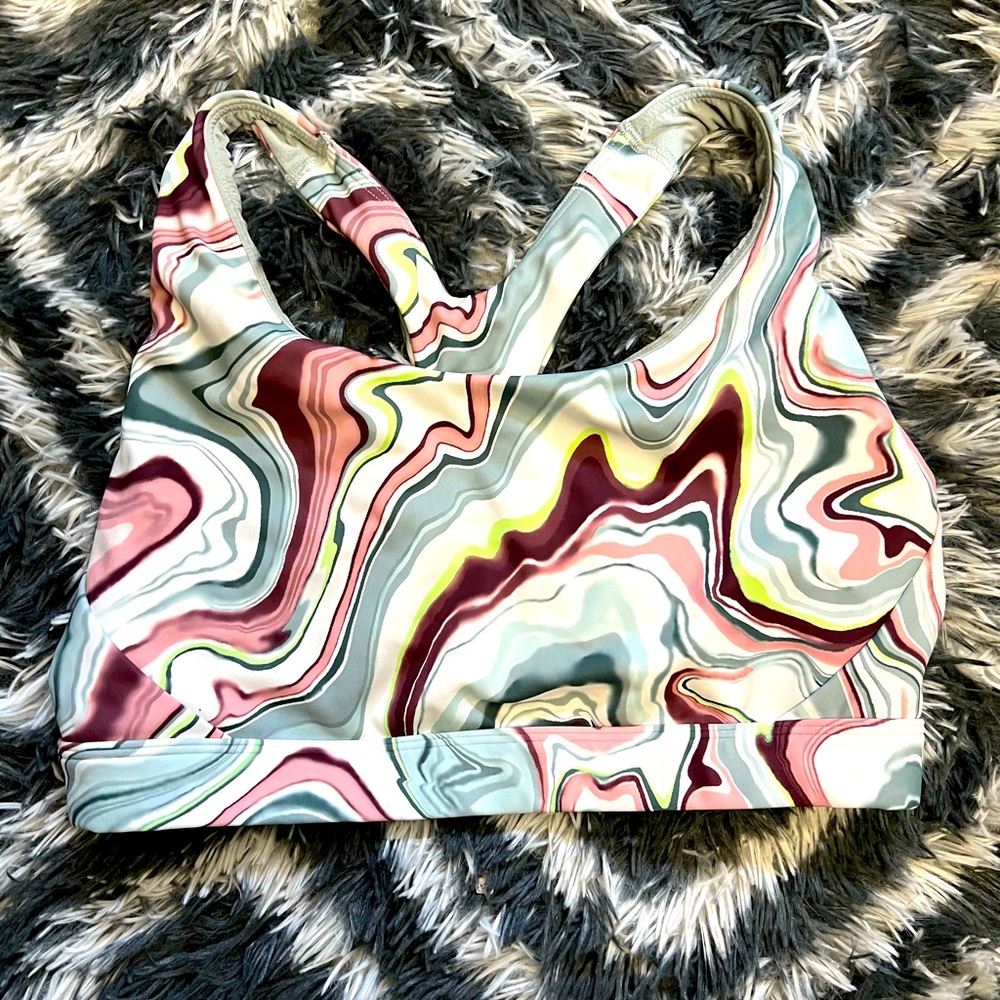 Athleta "Ultimate" Sports Bra Printed Green Ivory Pink EUC
